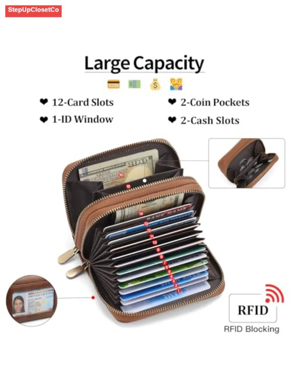 Vegan Leather RFID Blocking Double Zipper Wristlet Card Holder with ID Window